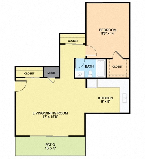 Floor plan for 1 bed, 1 bath, 542 sqft